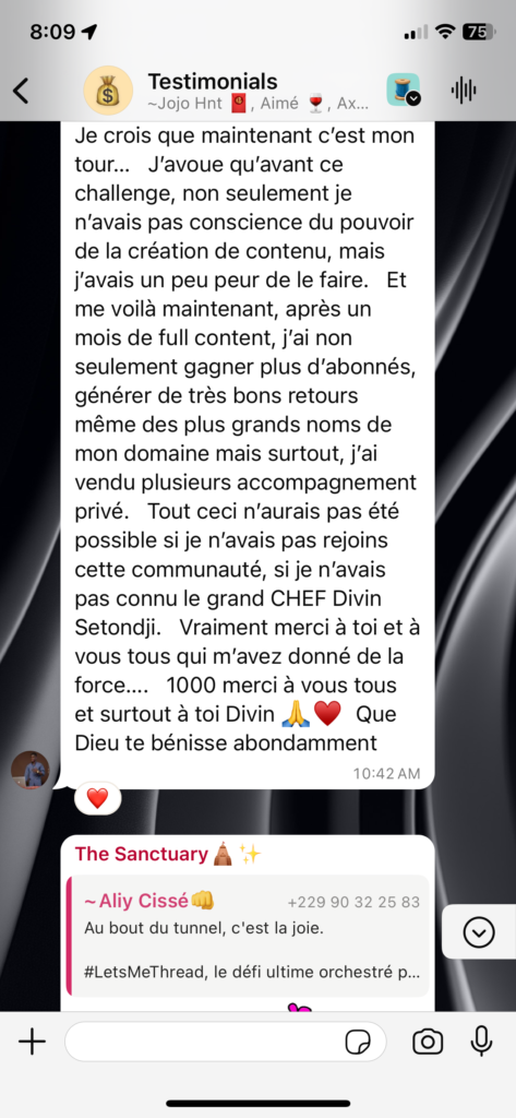 Message WhatsApp : « Après un mois de full content… j'ai vendu plusieurs accompagnements privés. »