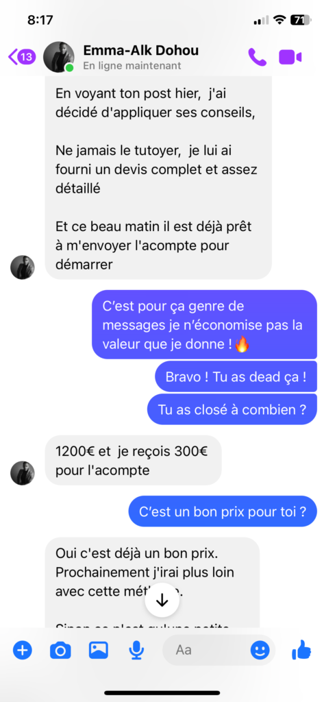 Conversation Messenger : « Ce beau matin il est déjà prêt à m'envoyer l'acompte… 1200 € et je reçois 300 € pour l'acompte. »